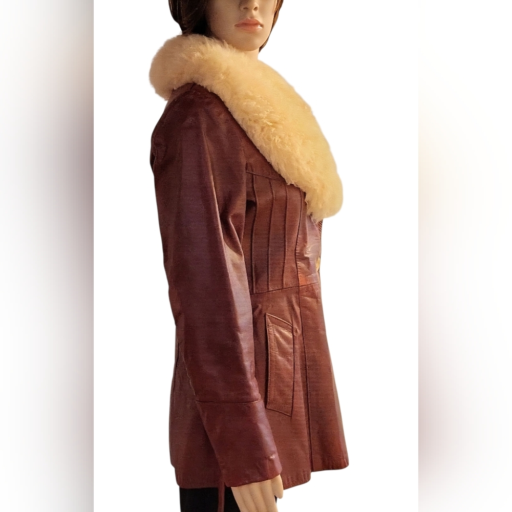 Vintage 70s Elegant Leather Women's Jacket Penny Lane Fur Collar  S  Burgundy** - Picture 8 of 16